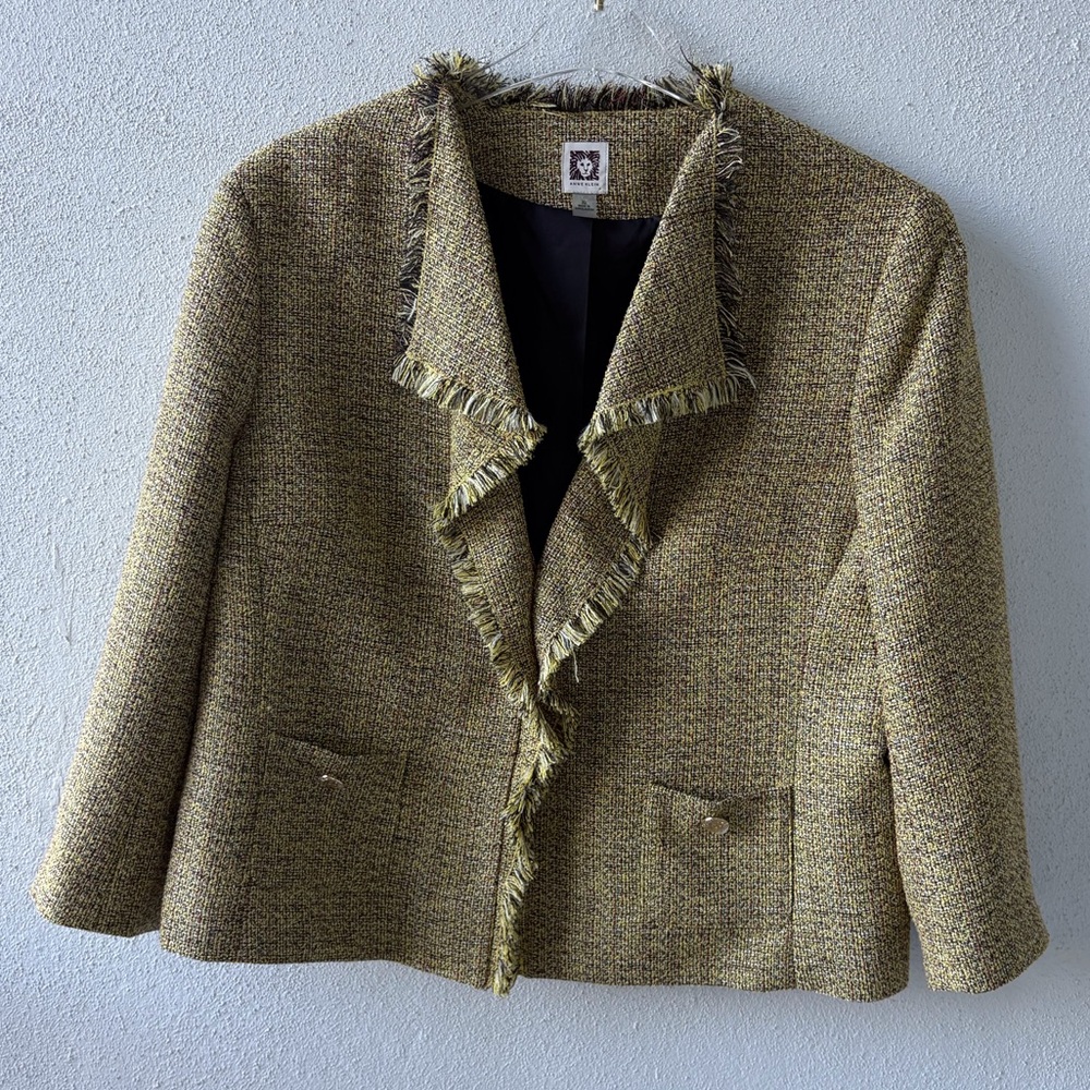 Anne Klein XL Gold Tweed Jacket Pockets Classic Career Church Office Boxy Fringe